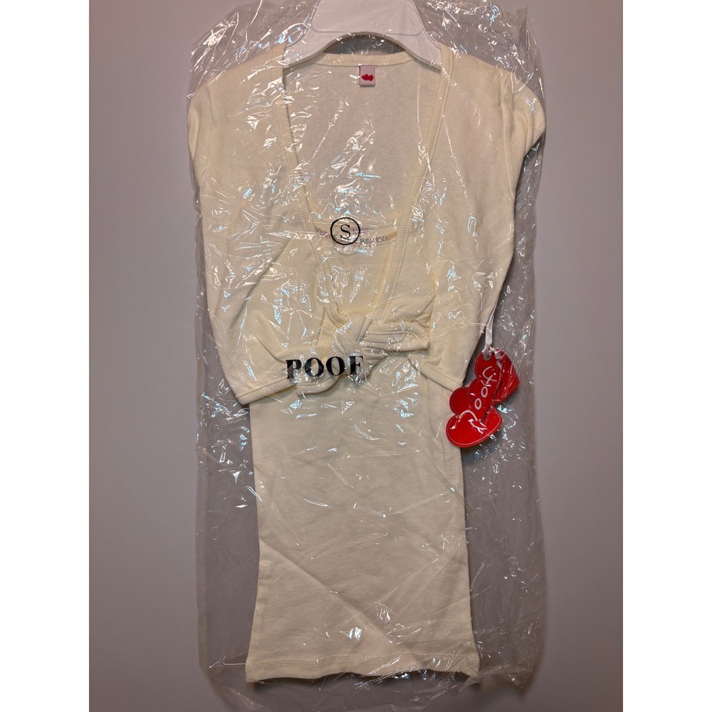 Poof Apparel Cream Ribbed Tank Top and Tie Front Shrug 2 Piece Set Sequin Trim S
